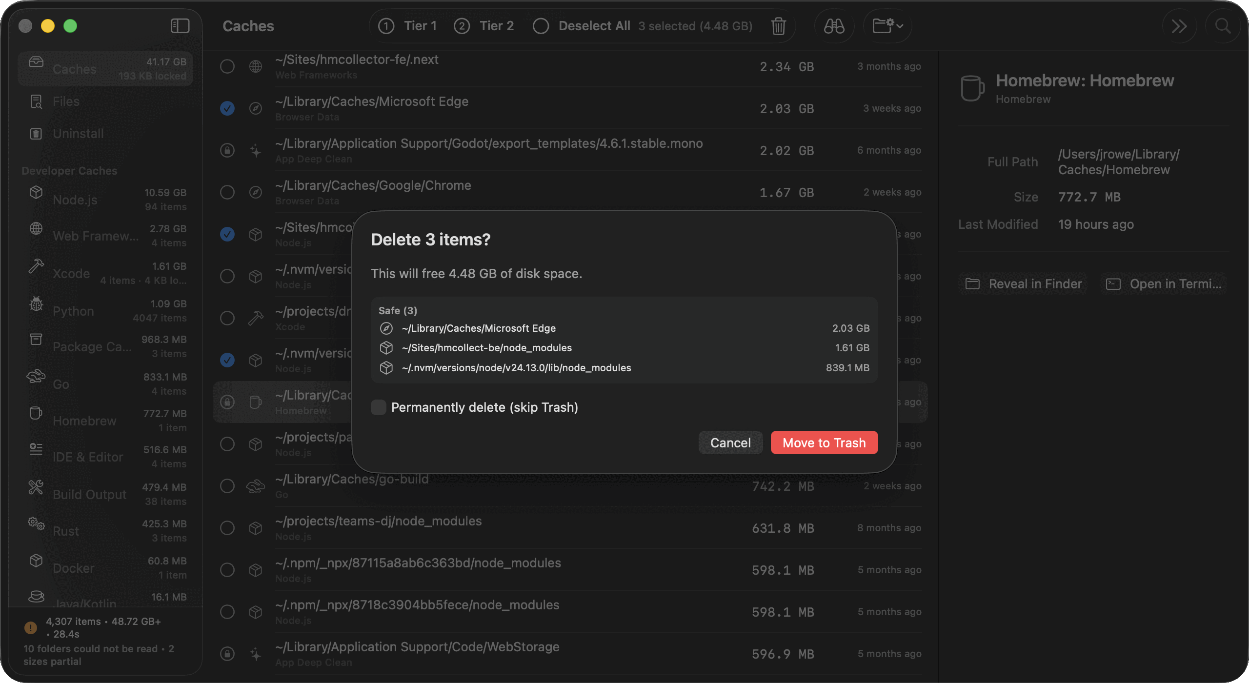 A confirmation sheet reading Delete 3 items, this will free 4.48 GB, listing each path under a Safe heading, with an unchecked Permanently delete option.