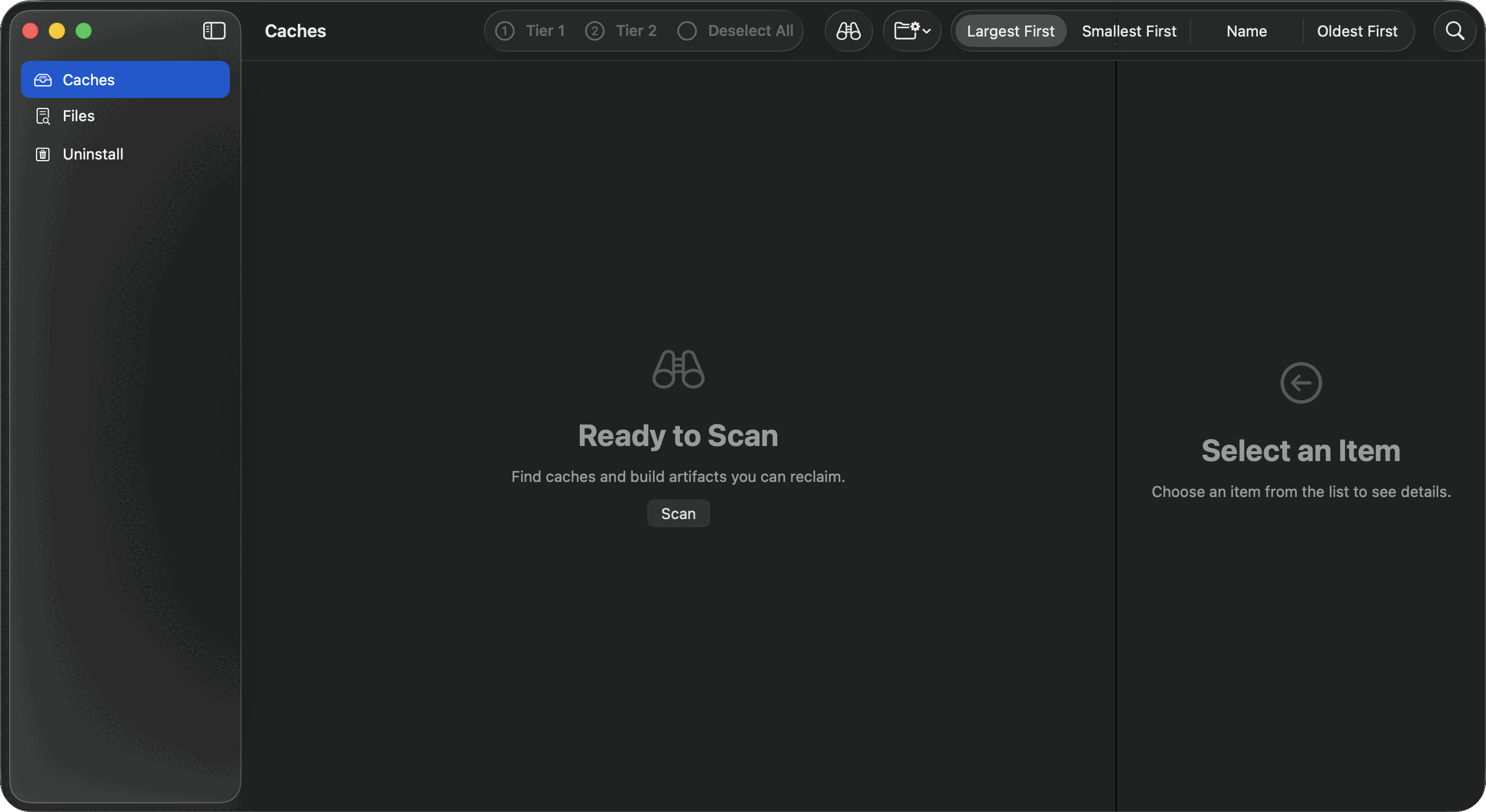 DDCC on first launch, showing Ready to Scan with a single Scan button and an empty results list.