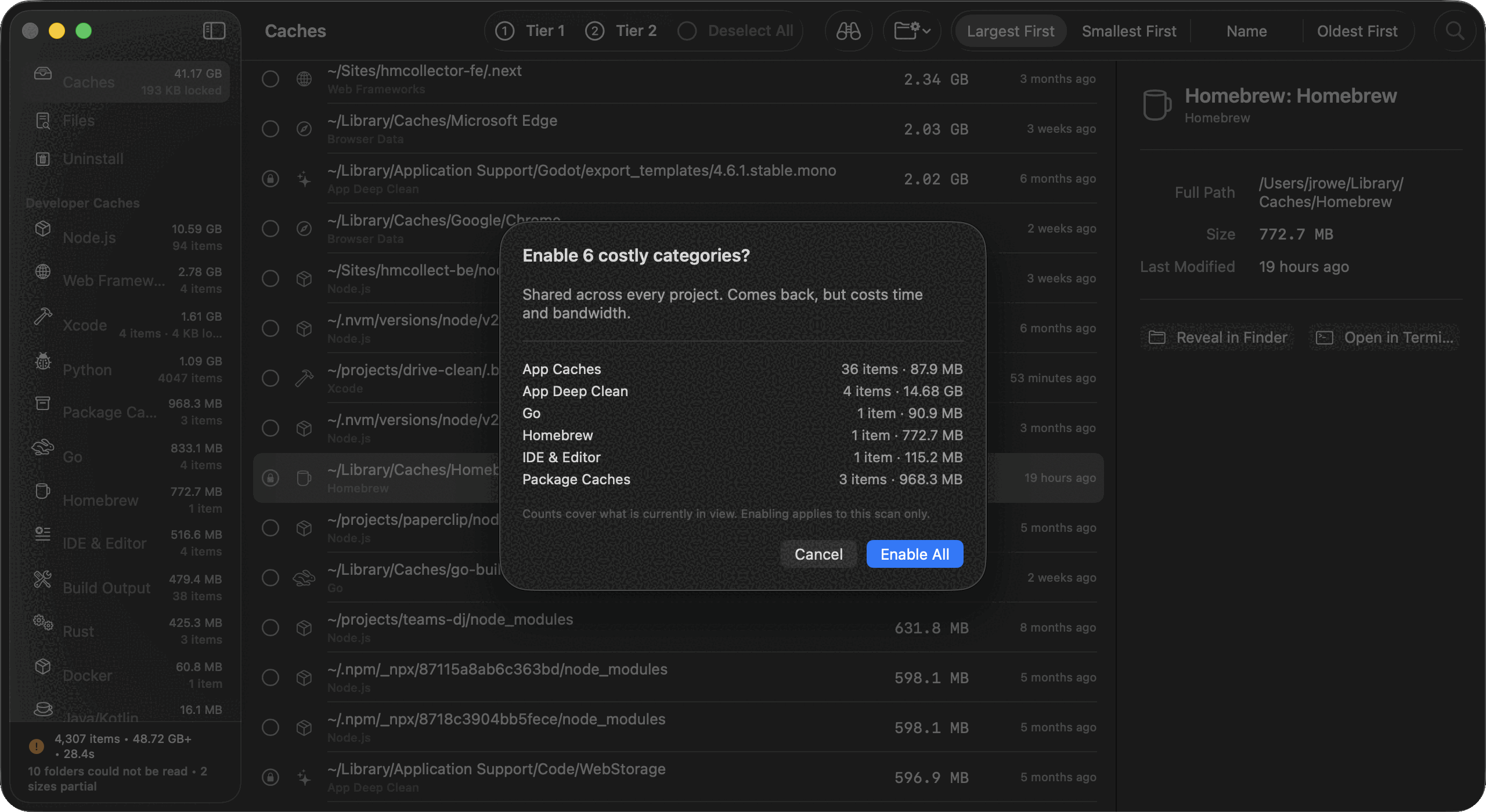 A sheet headed Enable 6 costly categories, listing App Caches, App Deep Clean, Go, Homebrew, IDE and Editor and Package Caches with item counts and sizes.