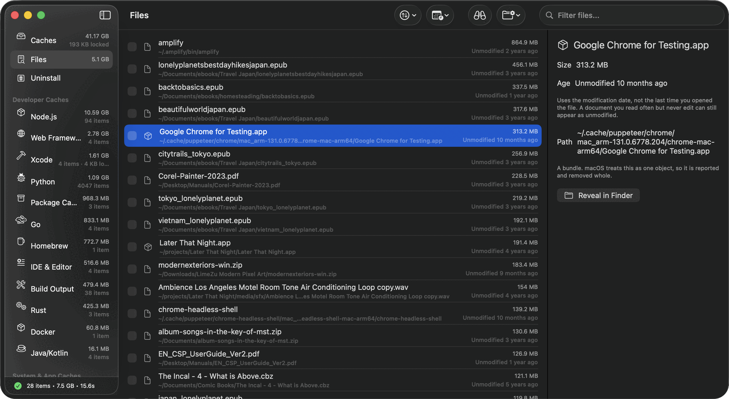 A file selected in the Files view, showing size, age, full path, and a note that age uses the modification date rather than the last time the file was opened.