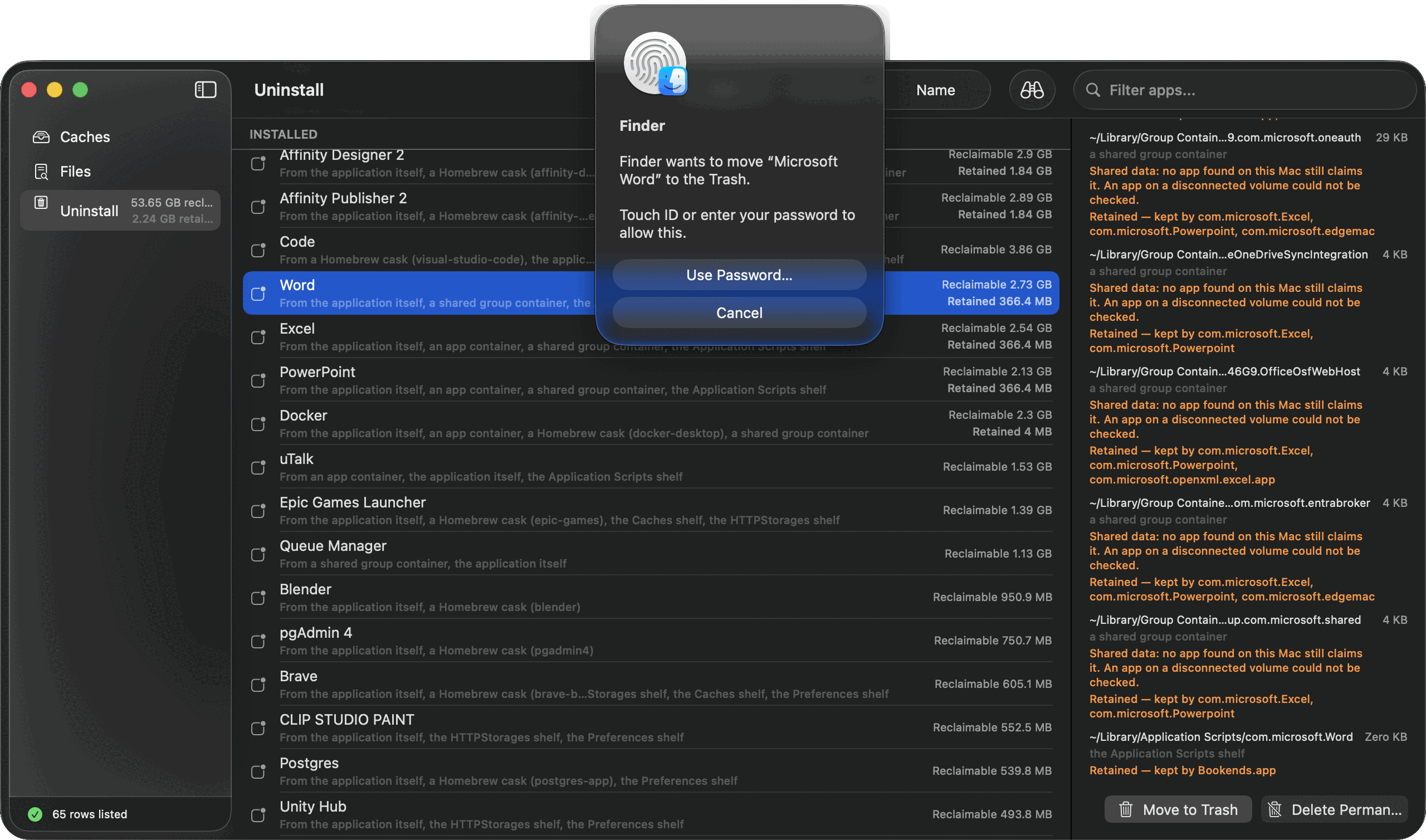 macOS asking for Touch ID or a password: Finder wants to move Microsoft Word to the Trash, over the DDCC uninstall list.