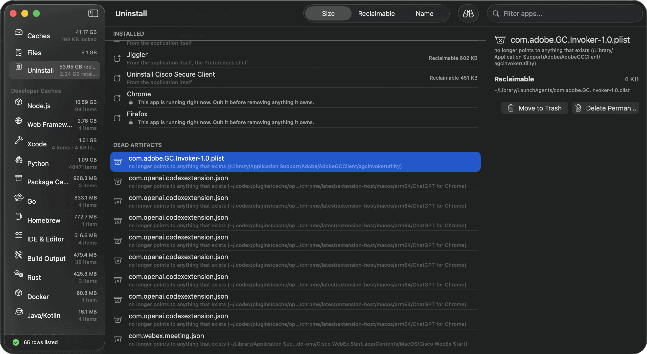 A DEAD ARTIFACTS section listing launch agents and manifests that point at files which no longer exist, below running apps marked as unmeasurable.